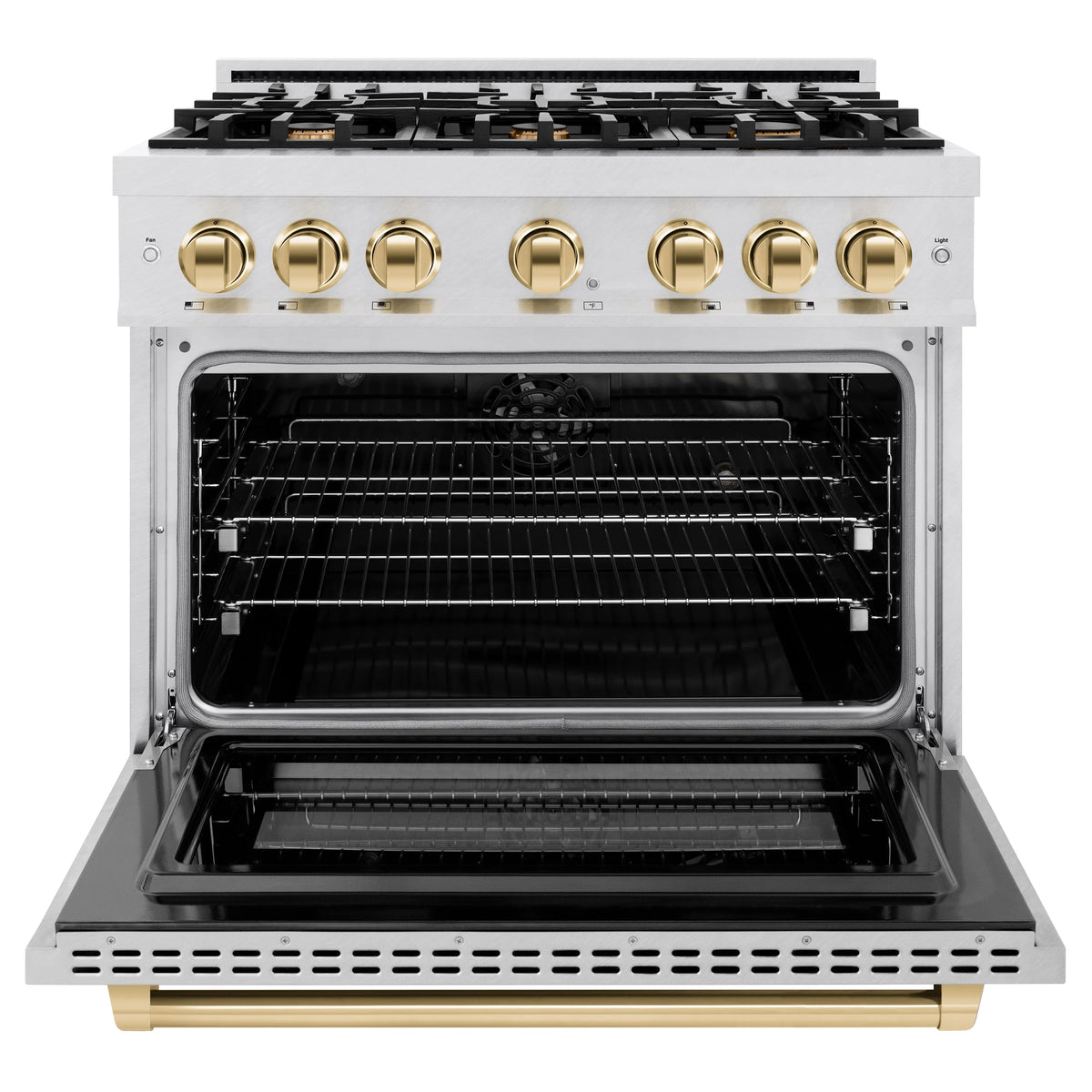 ZLINE - Autograph Edition 36 in. 5.2 cu. ft. Select Dual Fuel Range with 6 Burner Gas Cooktop and Electric Convection Oven in Satin Stainless Steel with Polished Gold Accents