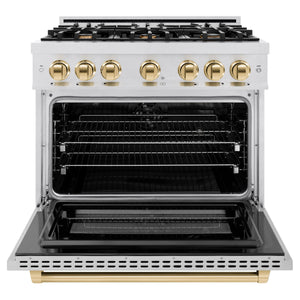 ZLINE - Autograph Edition 36 in. 5.2 cu. ft. Select Dual Fuel Range with 6 Burner Gas Cooktop and Electric Convection Oven in Satin Stainless Steel with Polished Gold Accents