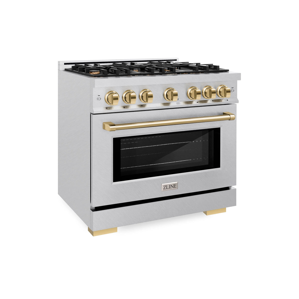 ZLINE - Autograph Edition 36 in. 5.2 cu. ft. Select Dual Fuel Range with 6 Burner Gas Cooktop and Electric Convection Oven in Satin Stainless Steel with Polished Gold Accents