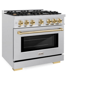 ZLINE - Autograph Edition 36 in. 5.2 cu. ft. Select Dual Fuel Range with 6 Burner Gas Cooktop and Electric Convection Oven in Satin Stainless Steel with Polished Gold Accents