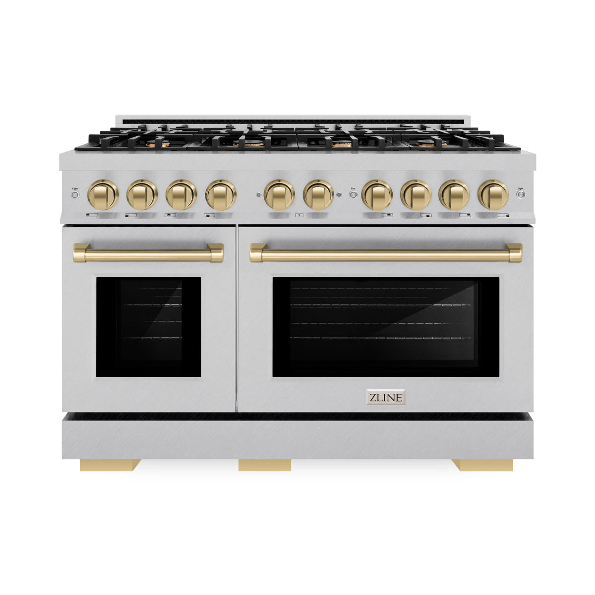 ZLINE - Autograph Edition 48 in. 6.7 cu. ft. Select Double Oven Dual Fuel Range with 8 Burner Gas Cooktop in Satin Stainless Steel and Champagne Bronze Accents