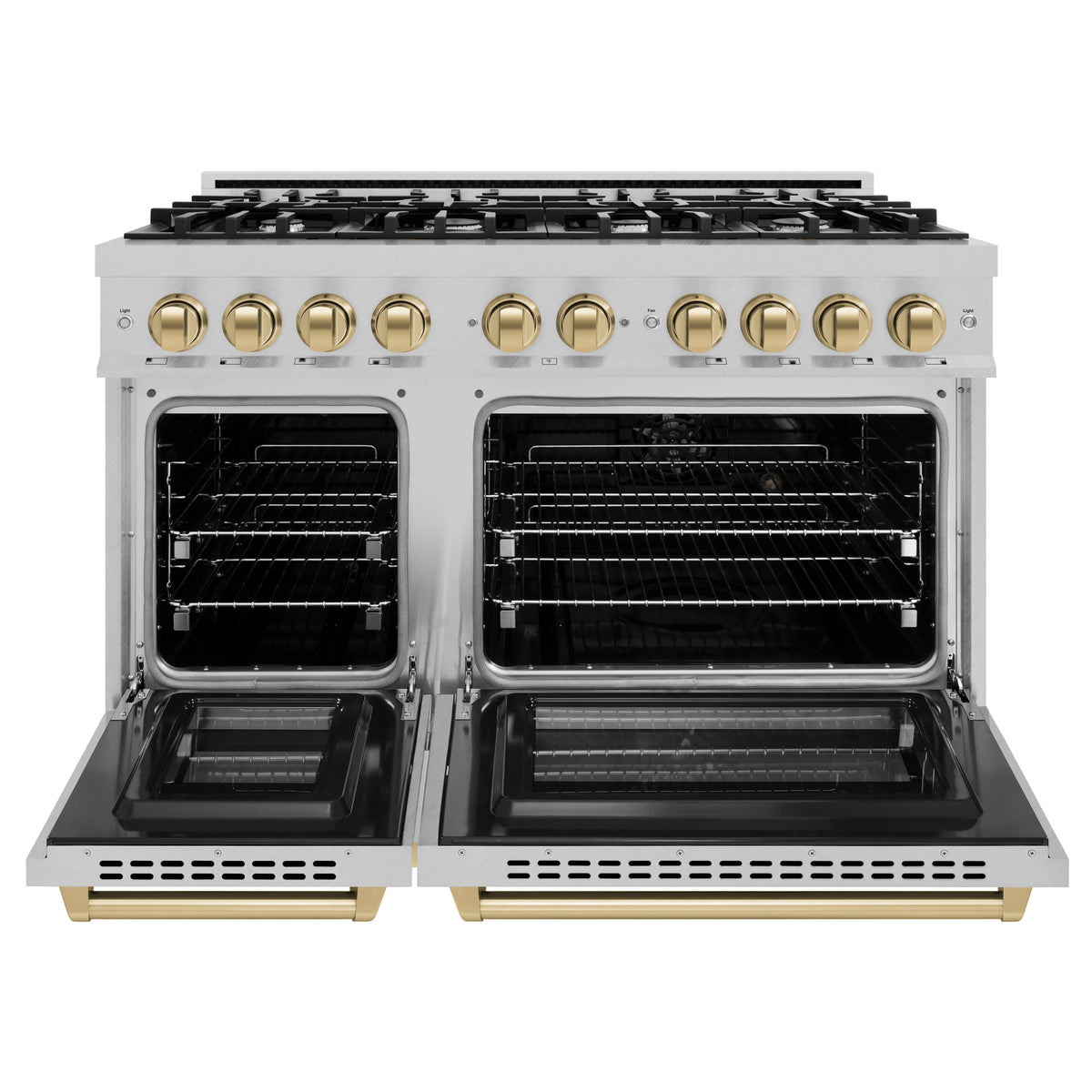 ZLINE - Autograph Edition 48 in. 6.7 cu. ft. Select Double Oven Dual Fuel Range with 8 Burner Gas Cooktop in Satin Stainless Steel and Champagne Bronze Accents