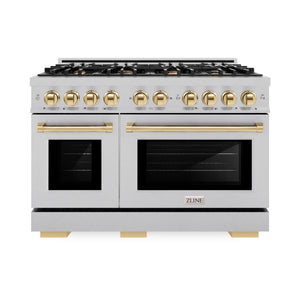 ZLINE - Autograph Edition 48 in. 6.7 cu. ft. Select Double Oven Dual Fuel Range with 8 Burner Gas Cooktop in Satin Stainless Steel and Polished Gold Accents