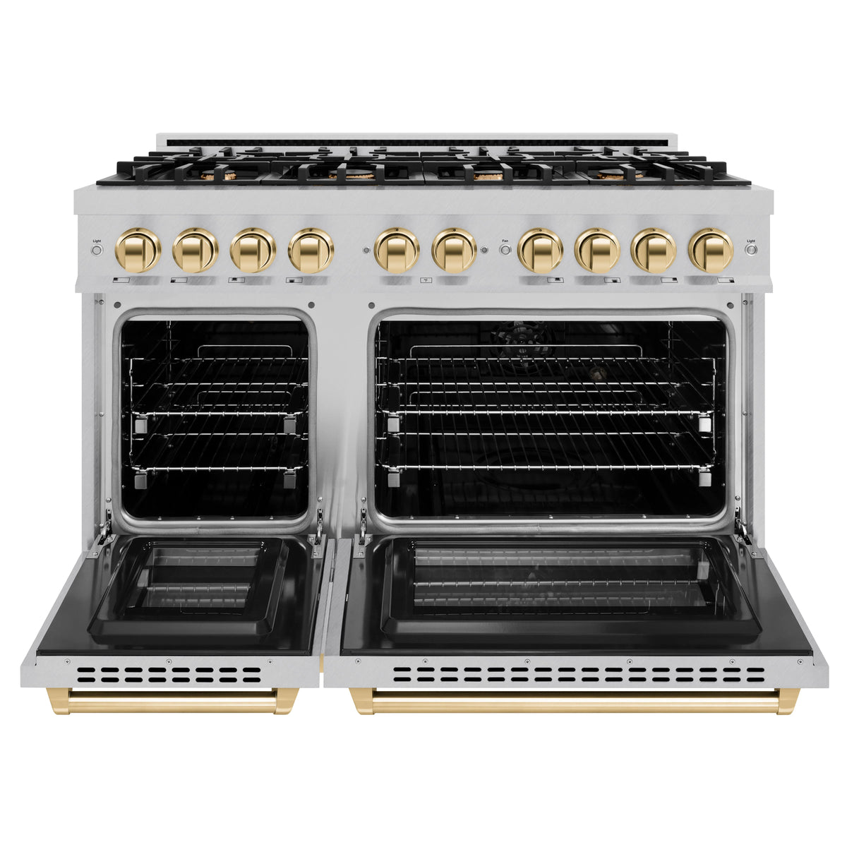 ZLINE - Autograph Edition 48 in. 6.7 cu. ft. Select Double Oven Dual Fuel Range with 8 Burner Gas Cooktop in Satin Stainless Steel and Polished Gold Accents