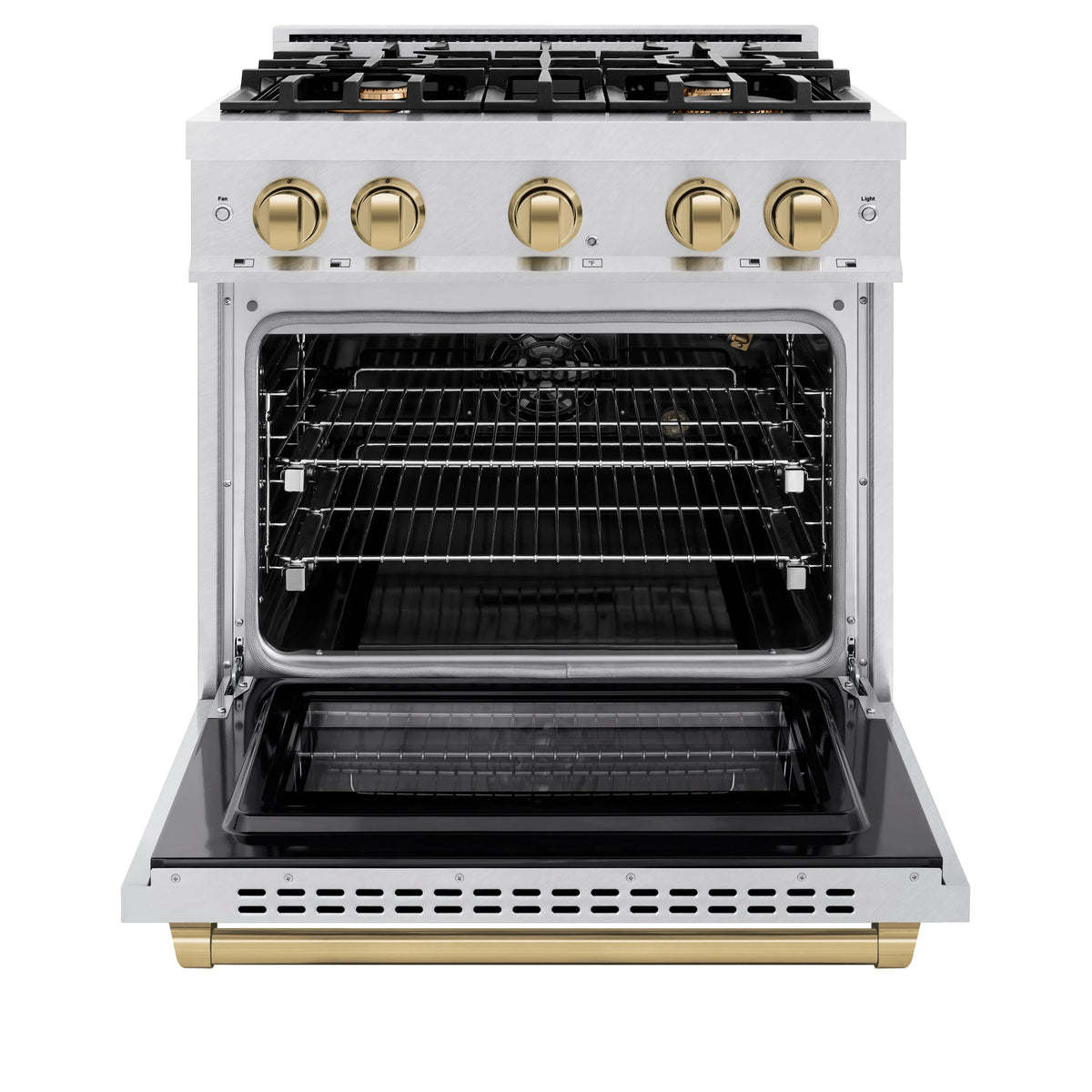 ZLINE - Autograph Edition 30 in. 4.2 cu. ft. Select Gas Range with 4 Burner Cooktop and Convection Gas Oven in Satin Stainless Steel and Champagne Bronze Accents
