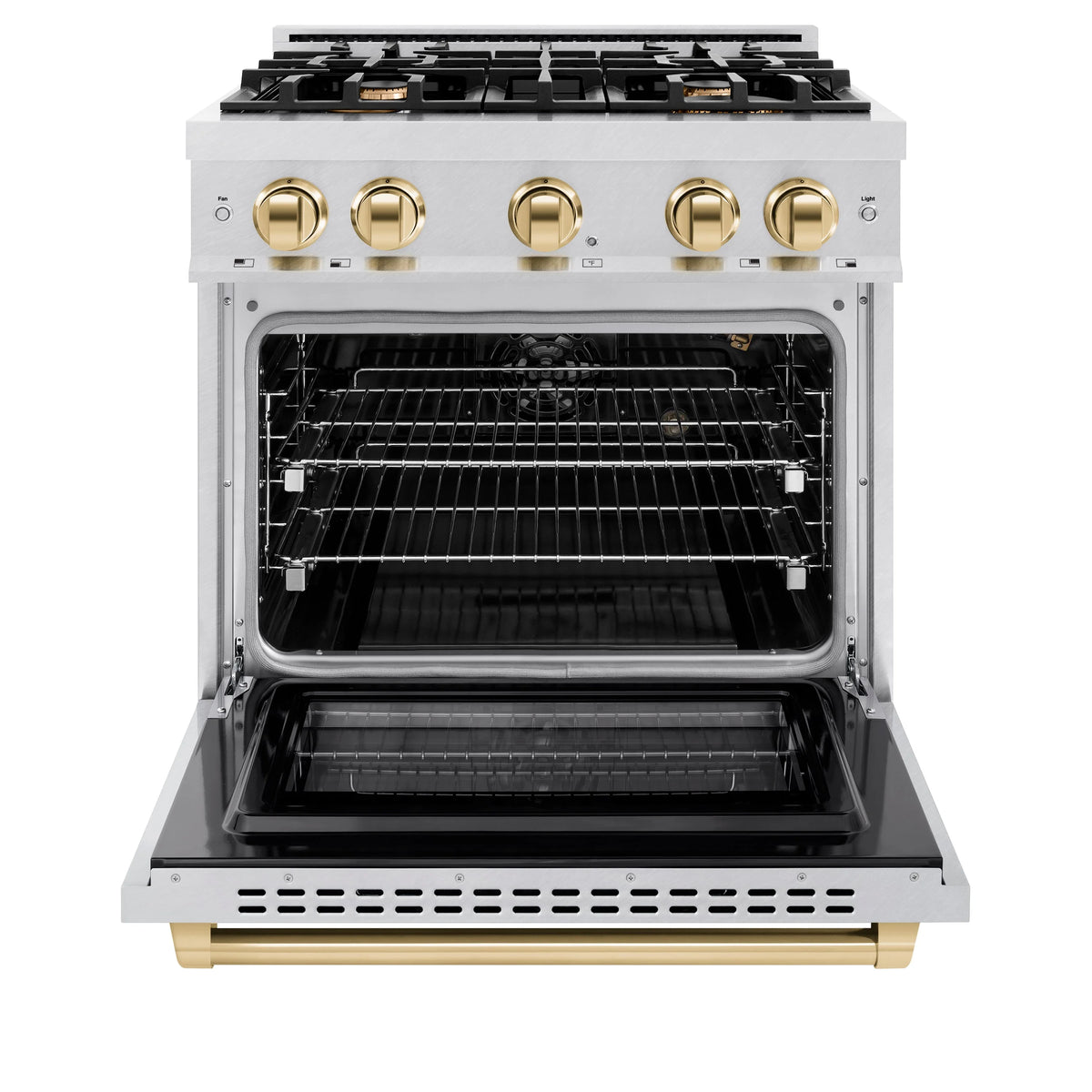 ZLINE - Autograph Edition 30 in. 4.2 cu. ft. Select Gas Range with 4 Burner Cooktop and Convection Gas Oven in Satin Stainless Steel and Polished Gold Accents