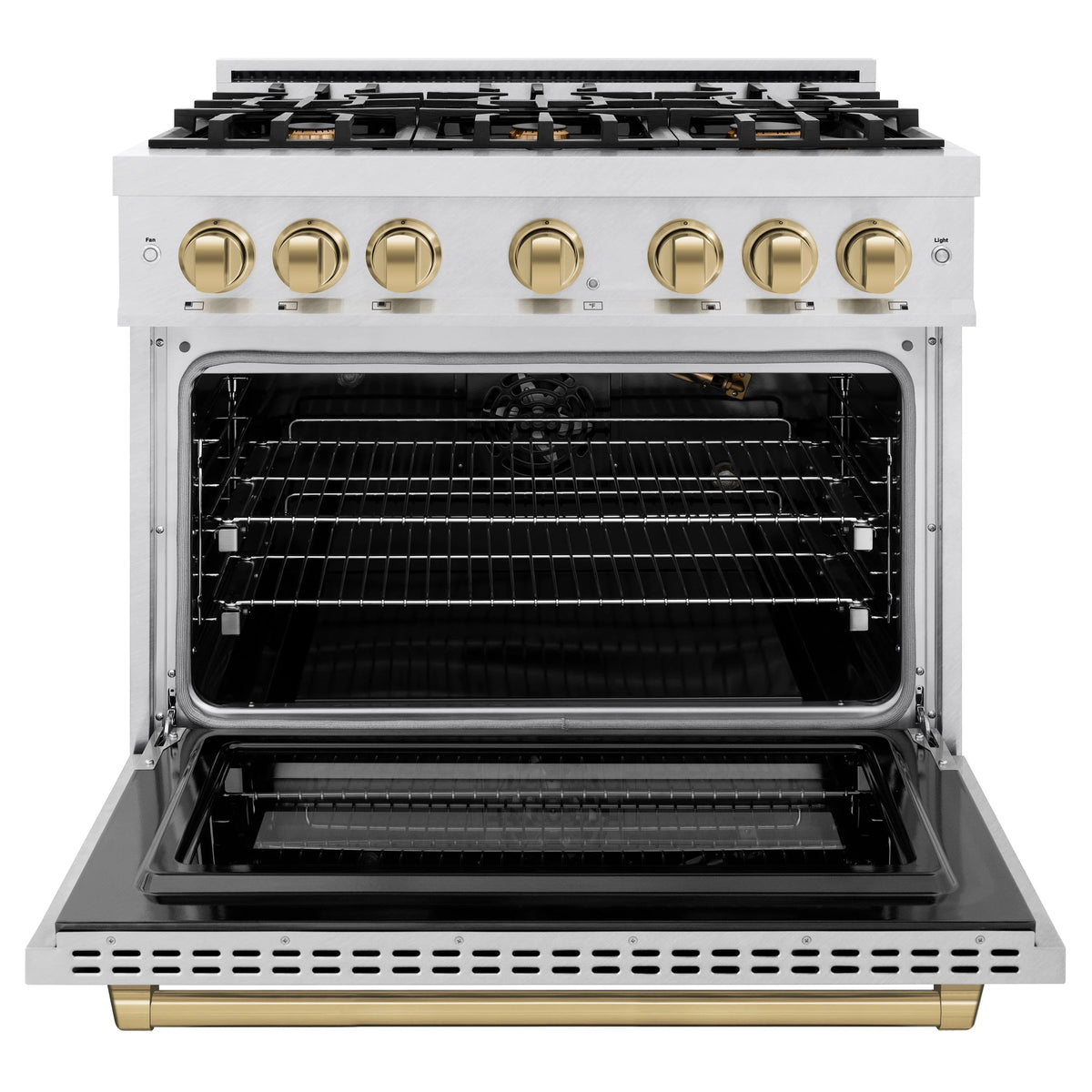 ZLINE - Autograph Edition 36 in. 5.2 cu. ft. Select Gas Range with 6 Burner Cooktop and Convection Gas Oven in Satin Stainless Steel and Champagne Bronze Accents
