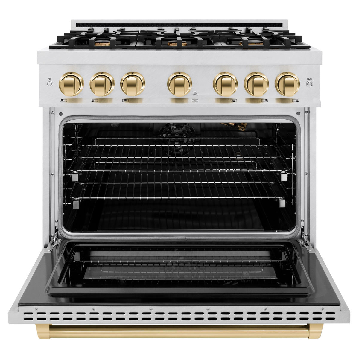 ZLINE - Autograph Edition 36 in. 5.2 cu. ft. Select Gas Range with 6 Burner Cooktop and Convection Gas Oven in Satin Stainless Steel and Polished Gold Accents