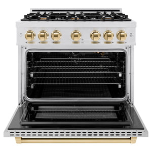 ZLINE - Autograph Edition 36 in. 5.2 cu. ft. Select Gas Range with 6 Burner Cooktop and Convection Gas Oven in Satin Stainless Steel and Polished Gold Accents