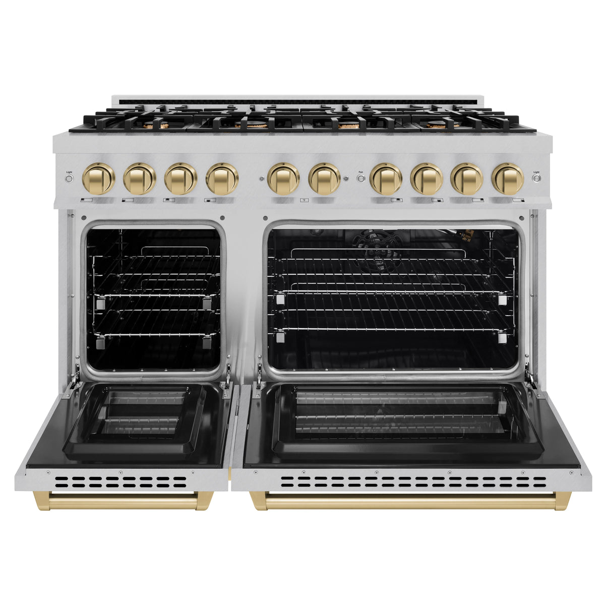 ZLINE - Autograph Edition 48 in. 6.7 cu. ft. Select Double Oven Gas Range with 8 Burner Cooktop in Satin Stainless Steel and Champagne Bronze Accents