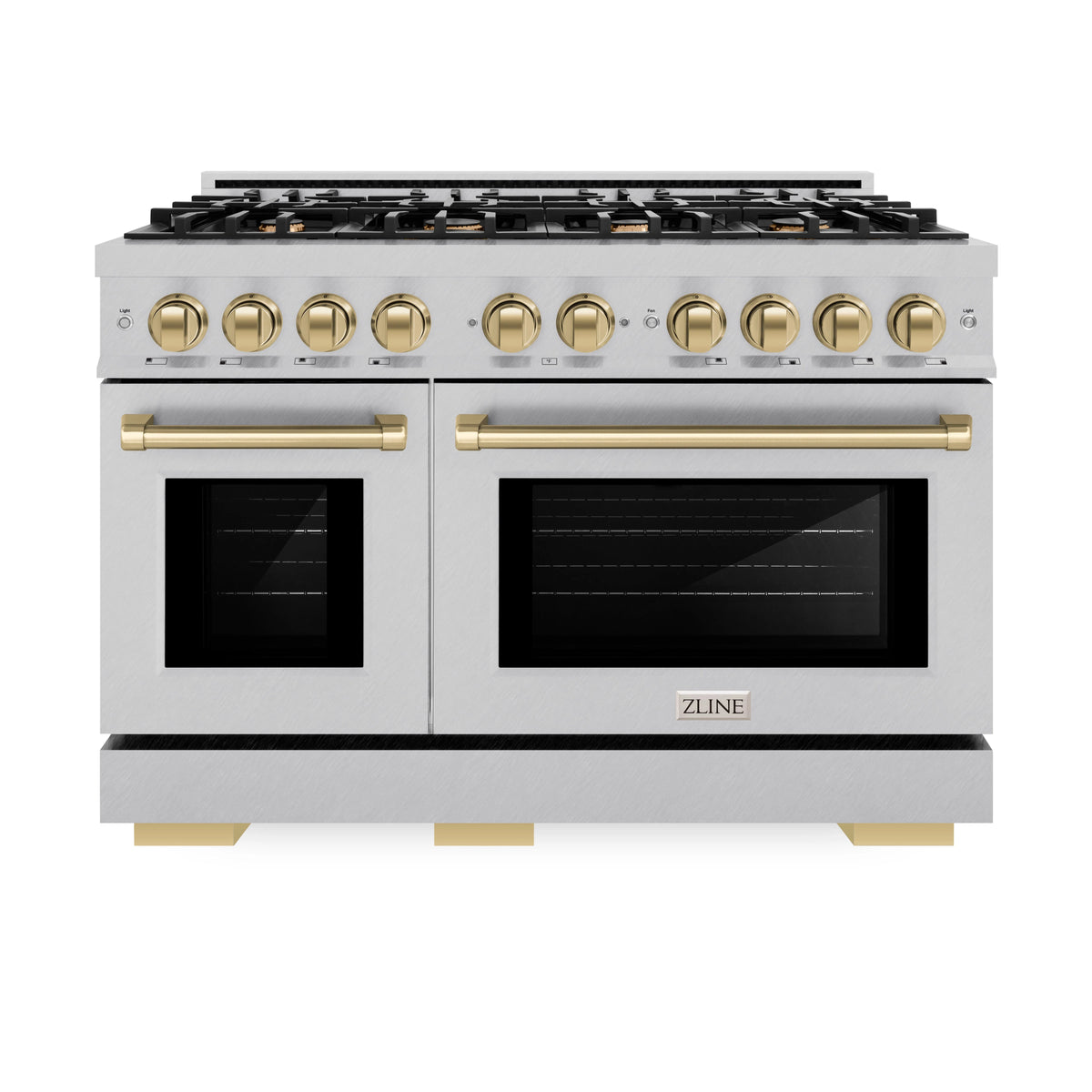 ZLINE - Autograph Edition 48 in. 6.7 cu. ft. Select Double Oven Gas Range with 8 Burner Cooktop in Satin Stainless Steel and Champagne Bronze Accents