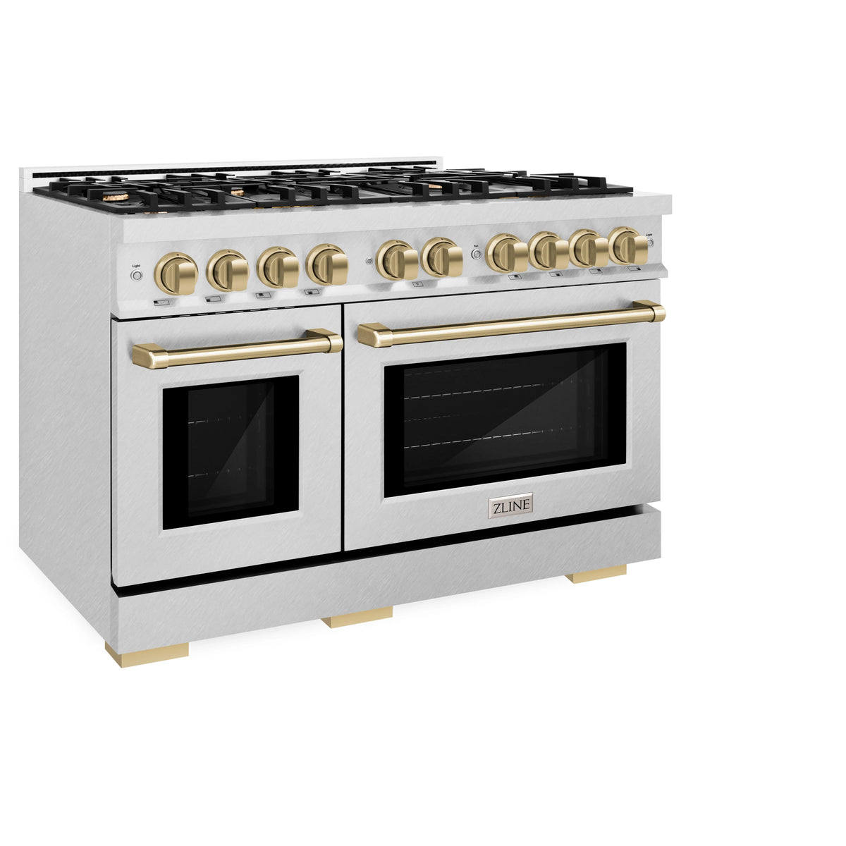 ZLINE - Autograph Edition 48 in. 6.7 cu. ft. Select Double Oven Gas Range with 8 Burner Cooktop in Satin Stainless Steel and Champagne Bronze Accents