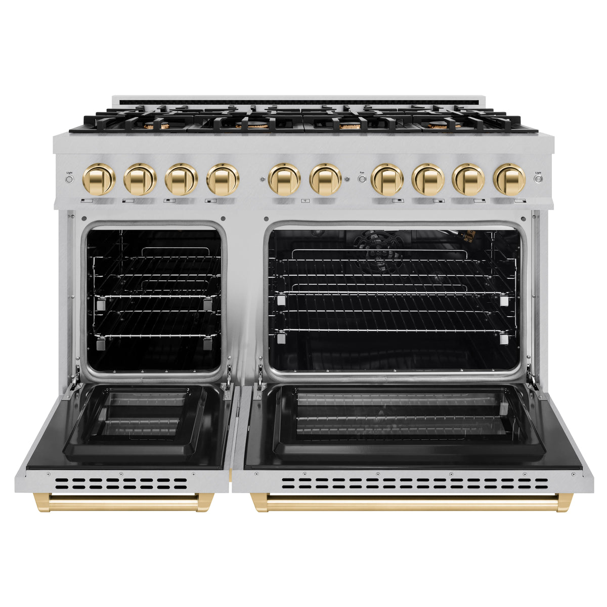 ZLINE - Autograph Edition 48 in. 6.7 cu. ft. Select Double Oven Gas Range with 8 Burner Cooktop in Satin Stainless Steel and Polished Gold Accents