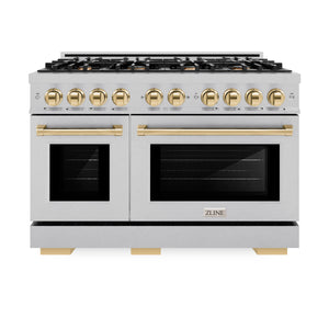 ZLINE - Autograph Edition 48 in. 6.7 cu. ft. Select Double Oven Gas Range with 8 Burner Cooktop in Satin Stainless Steel and Polished Gold Accents