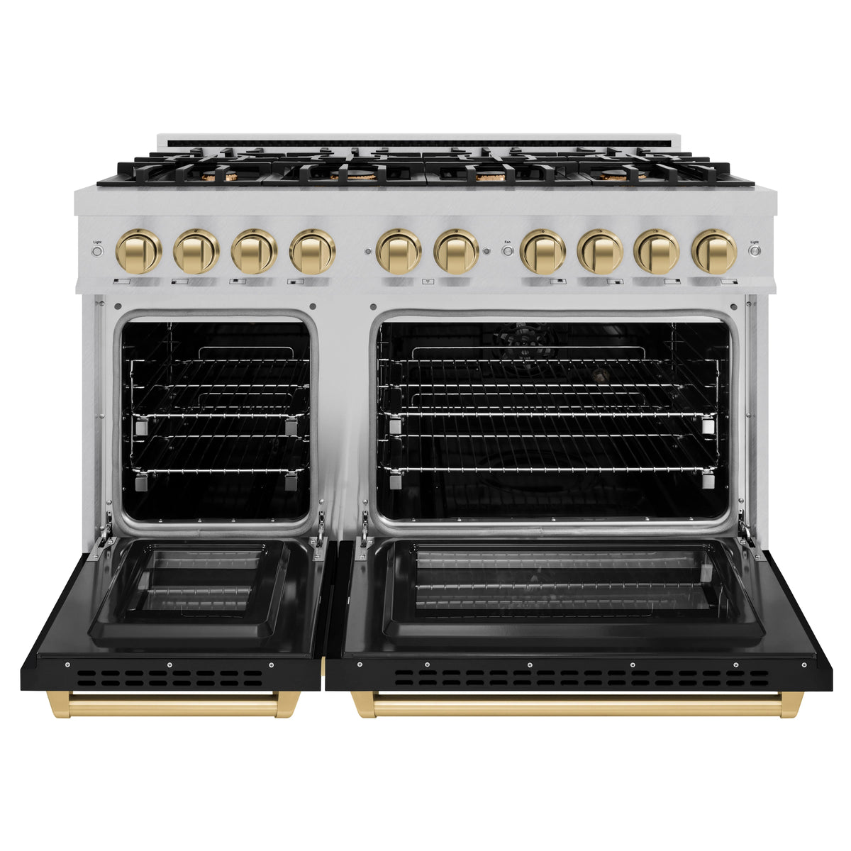 ZLINE - Autograph Edition 48 in. 6.7 cu. ft. Select Double Oven Dual Fuel Range with 8 Burner Gas Cooktop in Satin Stainless Steel with Black Matte Doors and Champagne Bronze Accents