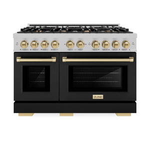 ZLINE - Autograph Edition 48 in. 6.7 cu. ft. Select Double Oven Dual Fuel Range with 8 Burner Gas Cooktop in Satin Stainless Steel with Black Matte Doors and Champagne Bronze Accents