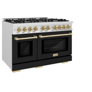 ZLINE - Autograph Edition 48 in. 6.7 cu. ft. Select Double Oven Dual Fuel Range with 8 Burner Gas Cooktop in Satin Stainless Steel with Black Matte Doors and Champagne Bronze Accents