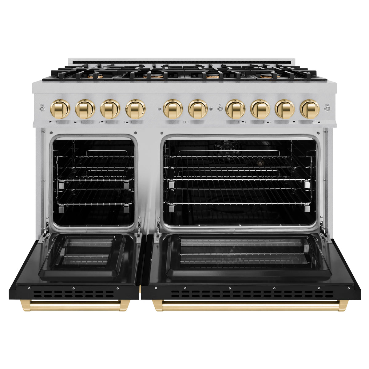 ZLINE - Autograph Edition 48 in. 6.7 cu. ft. Select Double Oven Dual Fuel Range with 8 Burner Gas Cooktop in Satin Stainless Steel with Black Matte Doors and Polished Gold Accents
