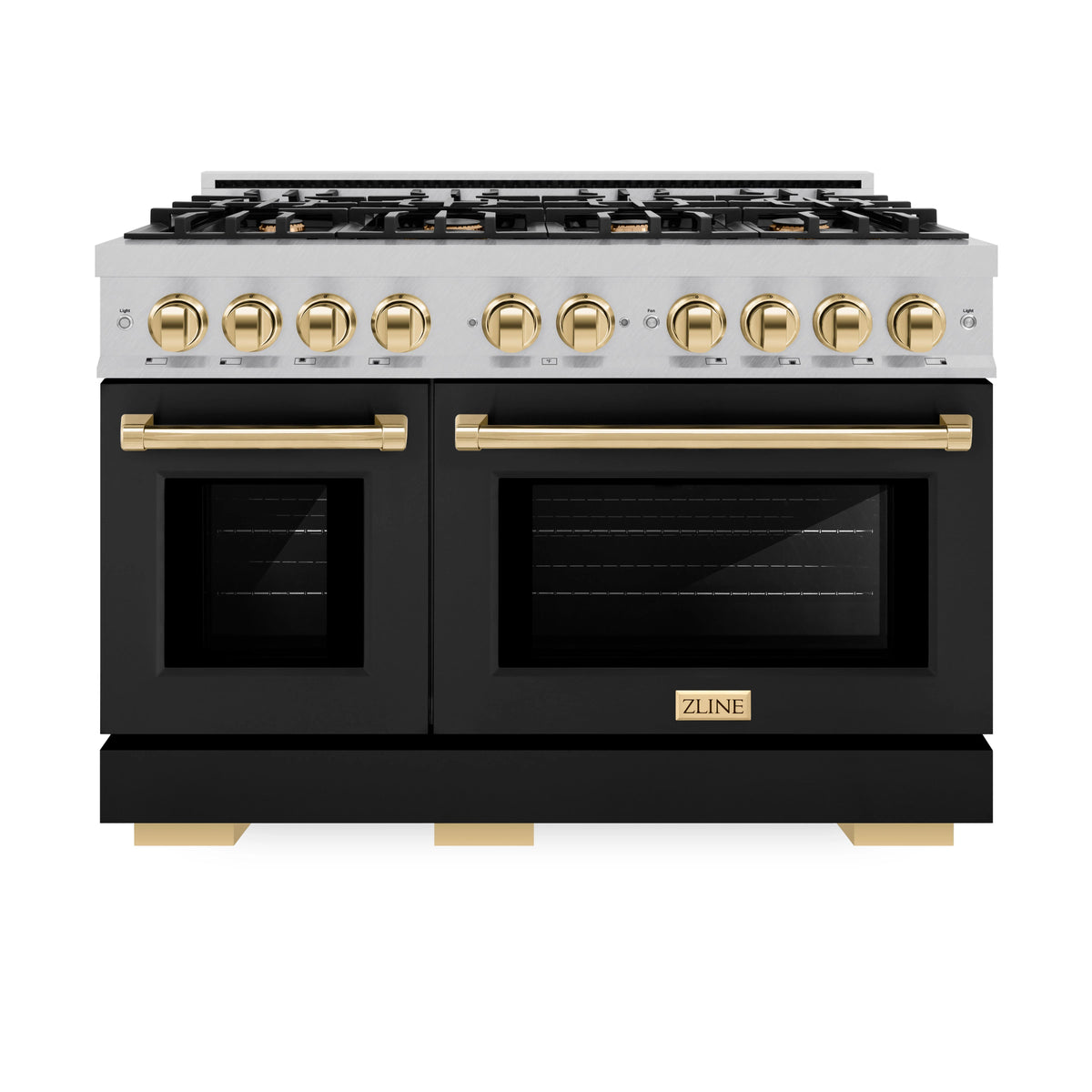 ZLINE - Autograph Edition 48 in. 6.7 cu. ft. Select Double Oven Dual Fuel Range with 8 Burner Gas Cooktop in Satin Stainless Steel with Black Matte Doors and Polished Gold Accents