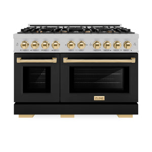 ZLINE - Autograph Edition 48 in. 6.7 cu. ft. Select Double Oven Dual Fuel Range with 8 Burner Gas Cooktop in Satin Stainless Steel with Black Matte Doors and Polished Gold Accents