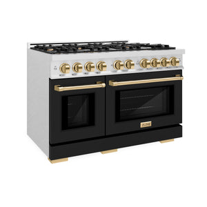 ZLINE - Autograph Edition 48 in. 6.7 cu. ft. Select Double Oven Dual Fuel Range with 8 Burner Gas Cooktop in Satin Stainless Steel with Black Matte Doors and Polished Gold Accents