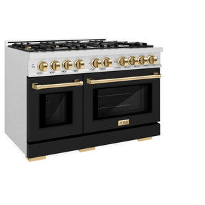 ZLINE - Autograph Edition 48 in. 6.7 cu. ft. Select Double Oven Dual Fuel Range with 8 Burner Gas Cooktop in Satin Stainless Steel with Black Matte Doors and Polished Gold Accents