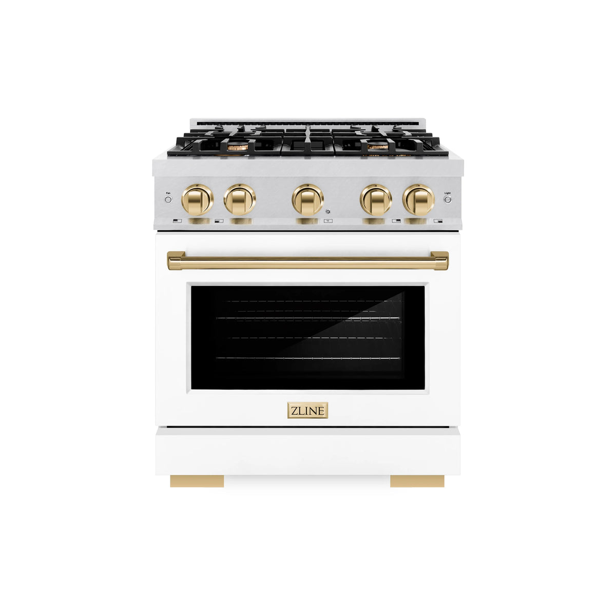 ZLINE - Autograph Edition 30 in. 4.2 cu. ft. Select Dual Fuel Range with 4 Burner Gas Cooktop and Electric Convection Oven in Satin Stainless Steel with White Matte Door and Polished Gold Accents