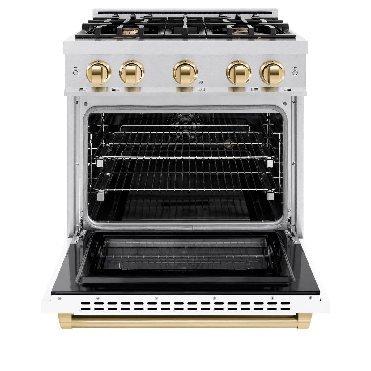 ZLINE - Autograph Edition 30 in. 4.2 cu. ft. Select Dual Fuel Range with 4 Burner Gas Cooktop and Electric Convection Oven in Satin Stainless Steel with White Matte Door and Polished Gold Accents