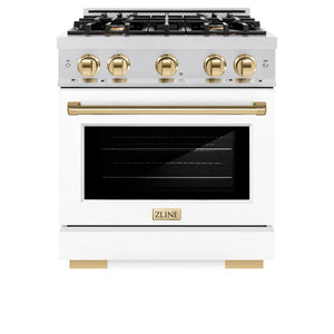 ZLINE - Autograph Edition 30 in. 4.2 cu. ft. Select Dual Fuel Range with 4 Burner Gas Cooktop and Electric Convection Oven in Satin Stainless Steel with White Matte Door and Polished Gold Accents