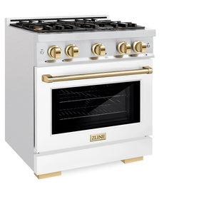 ZLINE - Autograph Edition 30 in. 4.2 cu. ft. Select Dual Fuel Range with 4 Burner Gas Cooktop and Electric Convection Oven in Satin Stainless Steel with White Matte Door and Polished Gold Accents