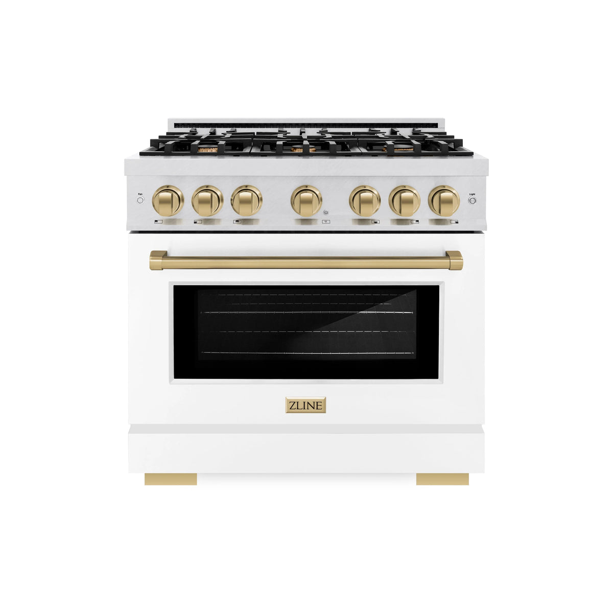 ZLINE - Autograph Edition 36 in. 5.2 cu. ft. Select Dual Fuel Range with 6 Burner Gas Cooktop and Electric Convection Oven in Satin Stainless Steel with White Matte Door and Champagne Bronze Accents