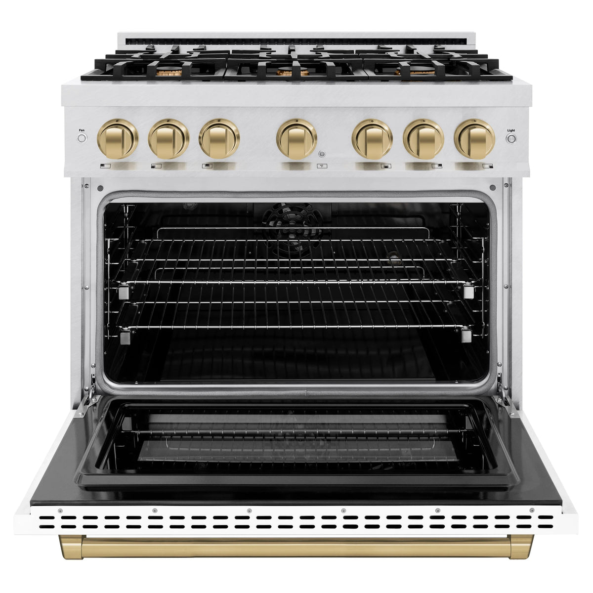 ZLINE - Autograph Edition 36 in. 5.2 cu. ft. Select Dual Fuel Range with 6 Burner Gas Cooktop and Electric Convection Oven in Satin Stainless Steel with White Matte Door and Champagne Bronze Accents