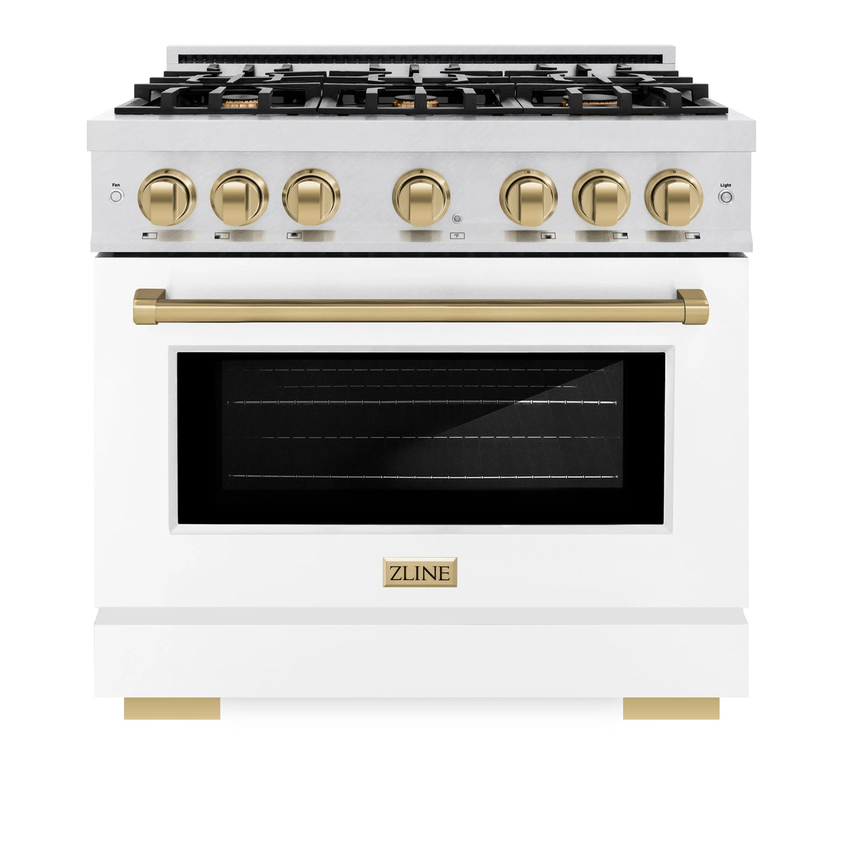 ZLINE - Autograph Edition 36 in. 5.2 cu. ft. Select Dual Fuel Range with 6 Burner Gas Cooktop and Electric Convection Oven in Satin Stainless Steel with White Matte Door and Champagne Bronze Accents