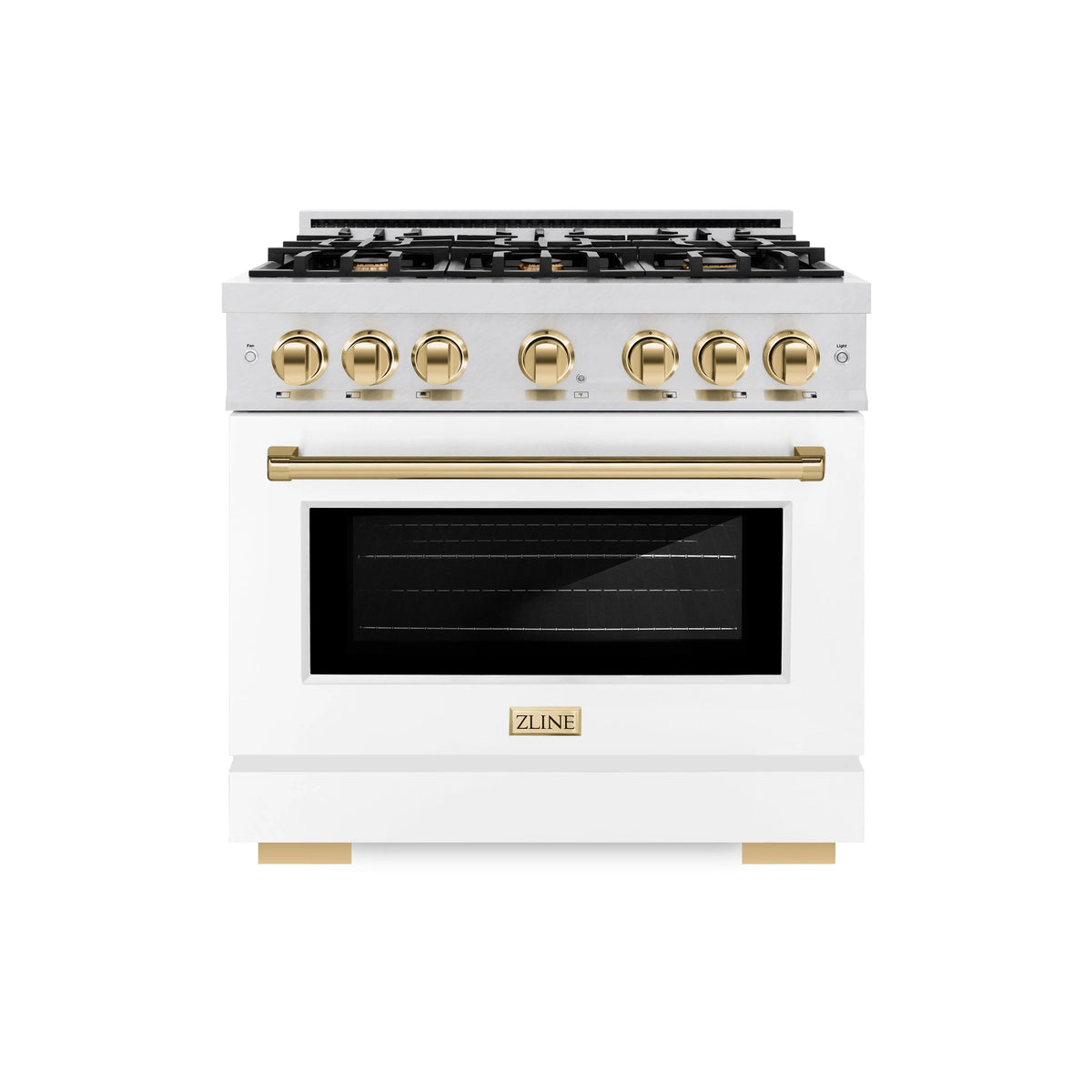 ZLINE - Autograph Edition 36 in. 5.2 cu. ft. Select Dual Fuel Range with 6 Burner Gas Cooktop and Electric Convection Oven in Satin Stainless Steel with White Matte Door and Polished Gold Accents
