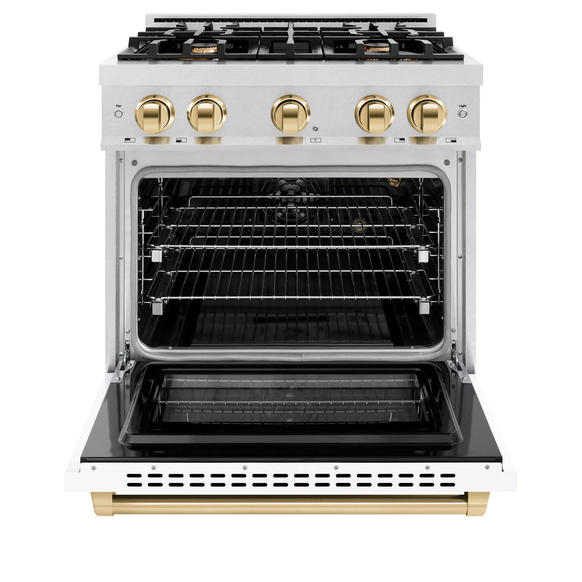 ZLINE - Autograph Edition 30 in. 4.2 cu. ft. Select Gas Range with 4 Burner Cooktop and Convection Gas Oven in Satin Stainless Steel with White Matte Door and Polished Gold Accents