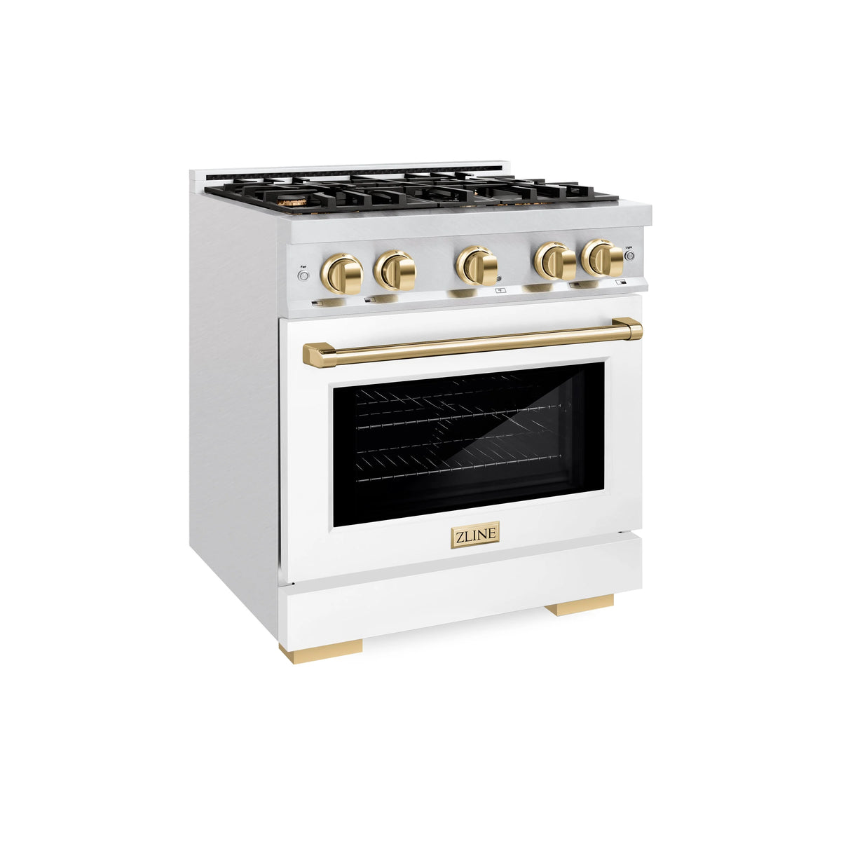 ZLINE - Autograph Edition 30 in. 4.2 cu. ft. Select Gas Range with 4 Burner Cooktop and Convection Gas Oven in Satin Stainless Steel with White Matte Door and Polished Gold Accents