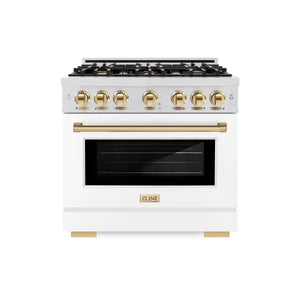 ZLINE - Autograph Edition 36 in. 5.2 cu. ft. Select Gas Range with 6 Burner Cooktop and Convection Gas Oven in Satin Stainless Steel with White Matte Door and Polished Gold Accents