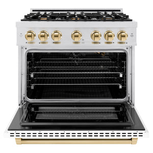 ZLINE - Autograph Edition 36 in. 5.2 cu. ft. Select Gas Range with 6 Burner Cooktop and Convection Gas Oven in Satin Stainless Steel with White Matte Door and Polished Gold Accents