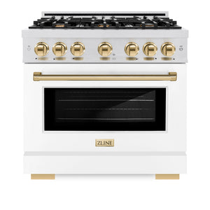 ZLINE - Autograph Edition 36 in. 5.2 cu. ft. Select Gas Range with 6 Burner Cooktop and Convection Gas Oven in Satin Stainless Steel with White Matte Door and Polished Gold Accents