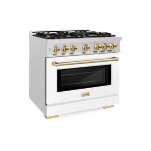 ZLINE - Autograph Edition 36 in. 5.2 cu. ft. Select Gas Range with 6 Burner Cooktop and Convection Gas Oven in Satin Stainless Steel with White Matte Door and Polished Gold Accents