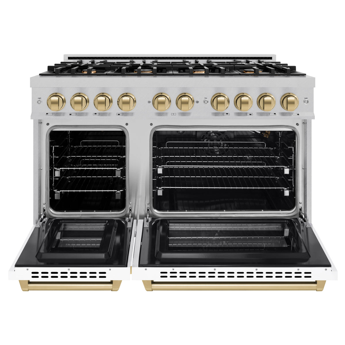 ZLINE - Autograph Edition 48 in. 6.7 cu. ft. Select Double Oven Gas Range with 8 Burner Cooktop in Satin Stainless Steel with White Matte Doors and Champagne Bronze Accents