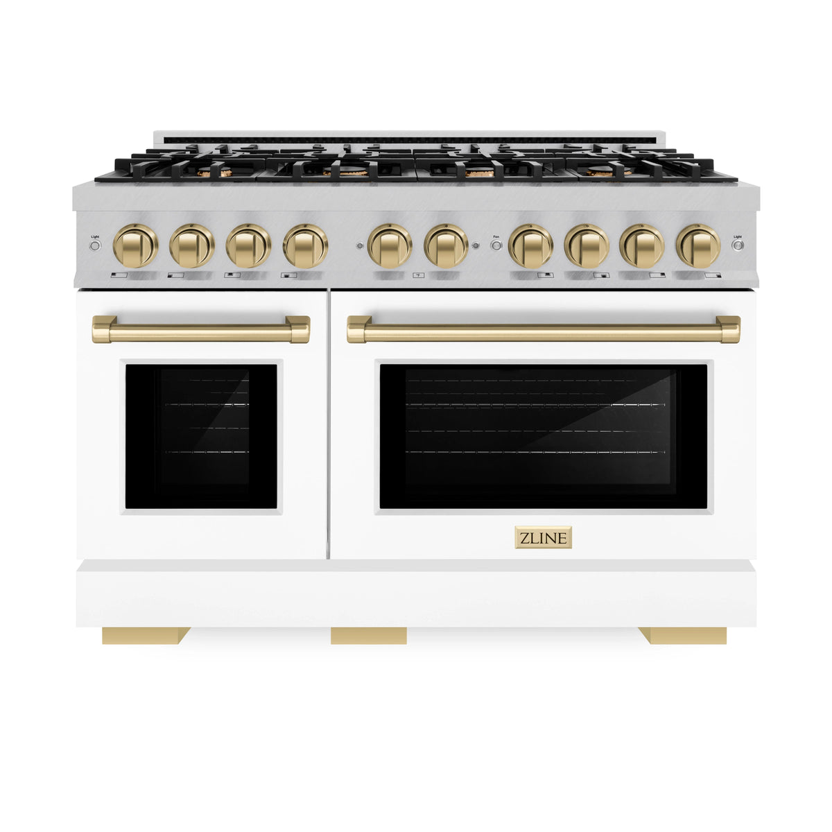 ZLINE - Autograph Edition 48 in. 6.7 cu. ft. Select Double Oven Gas Range with 8 Burner Cooktop in Satin Stainless Steel with White Matte Doors and Champagne Bronze Accents