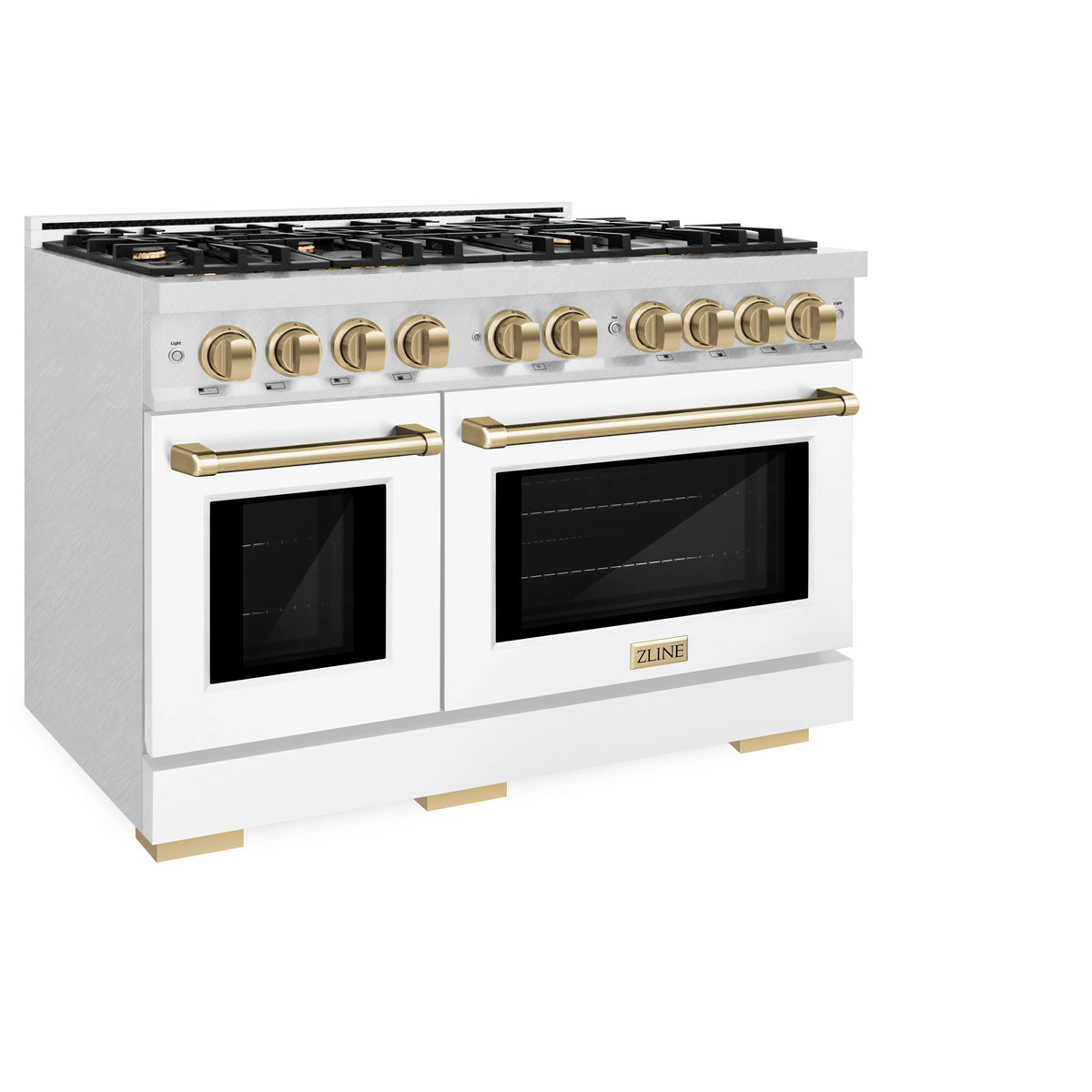 ZLINE - Autograph Edition 48 in. 6.7 cu. ft. Select Double Oven Gas Range with 8 Burner Cooktop in Satin Stainless Steel with White Matte Doors and Champagne Bronze Accents
