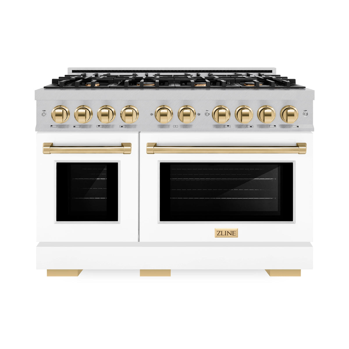 ZLINE - Autograph Edition 48 in. 6.7 cu. ft. Select Double Oven Gas Range with 8 Burner Cooktop in Satin Stainless Steel with White Matte Doors and Polished Gold Accents