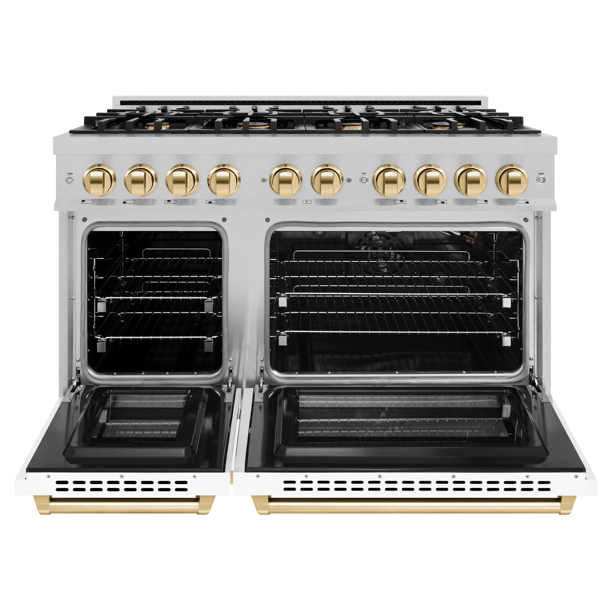 ZLINE - Autograph Edition 48 in. 6.7 cu. ft. Select Double Oven Gas Range with 8 Burner Cooktop in Satin Stainless Steel with White Matte Doors and Polished Gold Accents