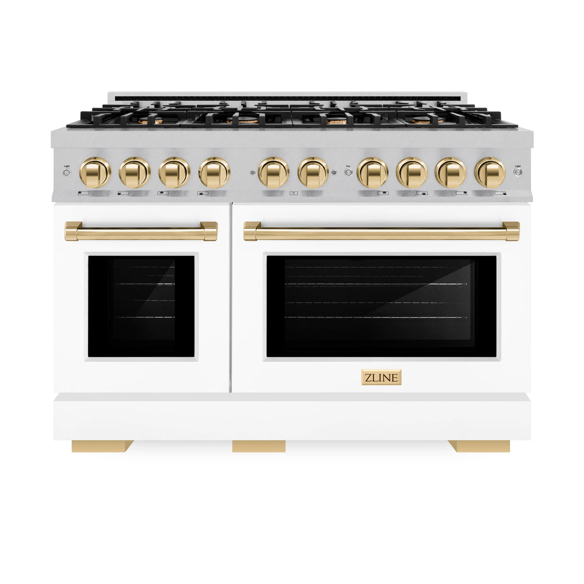 ZLINE - Autograph Edition 48 in. 6.7 cu. ft. Select Double Oven Gas Range with 8 Burner Cooktop in Satin Stainless Steel with White Matte Doors and Polished Gold Accents
