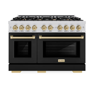 ZLINE - Autograph Edition 48 in. 6.7 cu. ft. Select Double Oven Dual Fuel Range with 8 Burner Gas Cooktop in Stainless Steel with Black Matte Doors and Champagne Bronze Accents