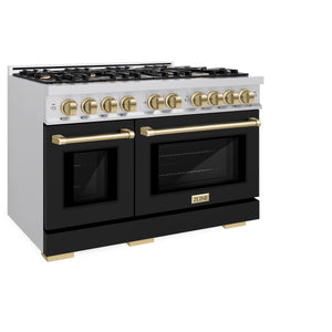 ZLINE - Autograph Edition 48 in. 6.7 cu. ft. Select Double Oven Dual Fuel Range with 8 Burner Gas Cooktop in Stainless Steel with Black Matte Doors and Champagne Bronze Accents