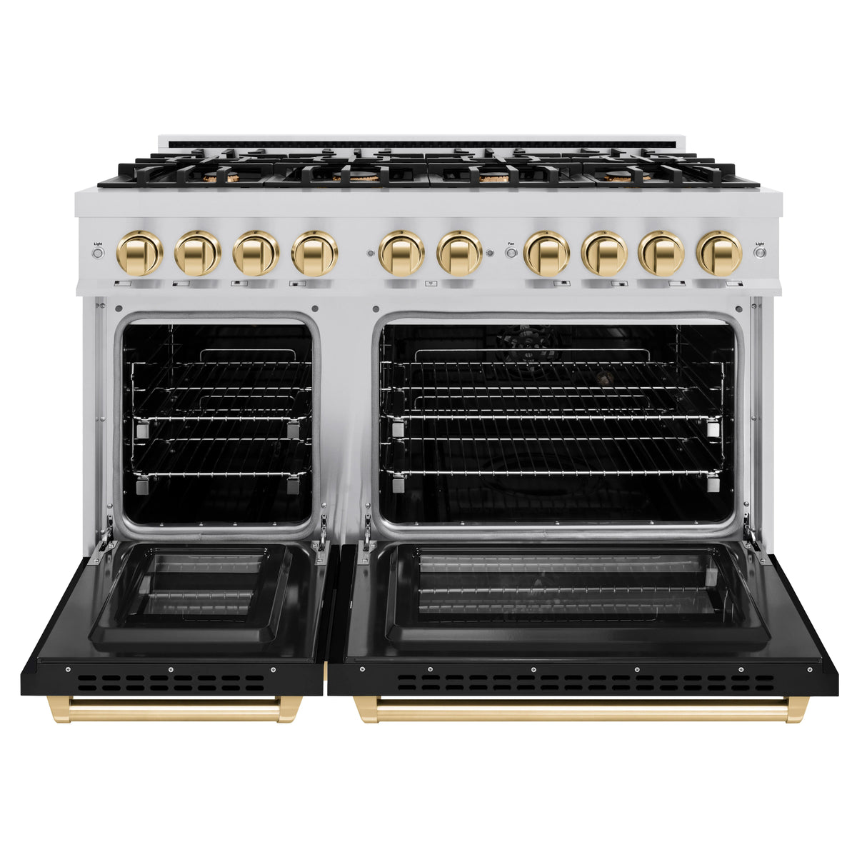 ZLINE - Autograph Edition 48 in. 6.7 cu. ft. Select Double Oven Dual Fuel Range with 8 Burner Gas Cooktop in Stainless Steel with Black Matte Doors and Polished Gold Accents