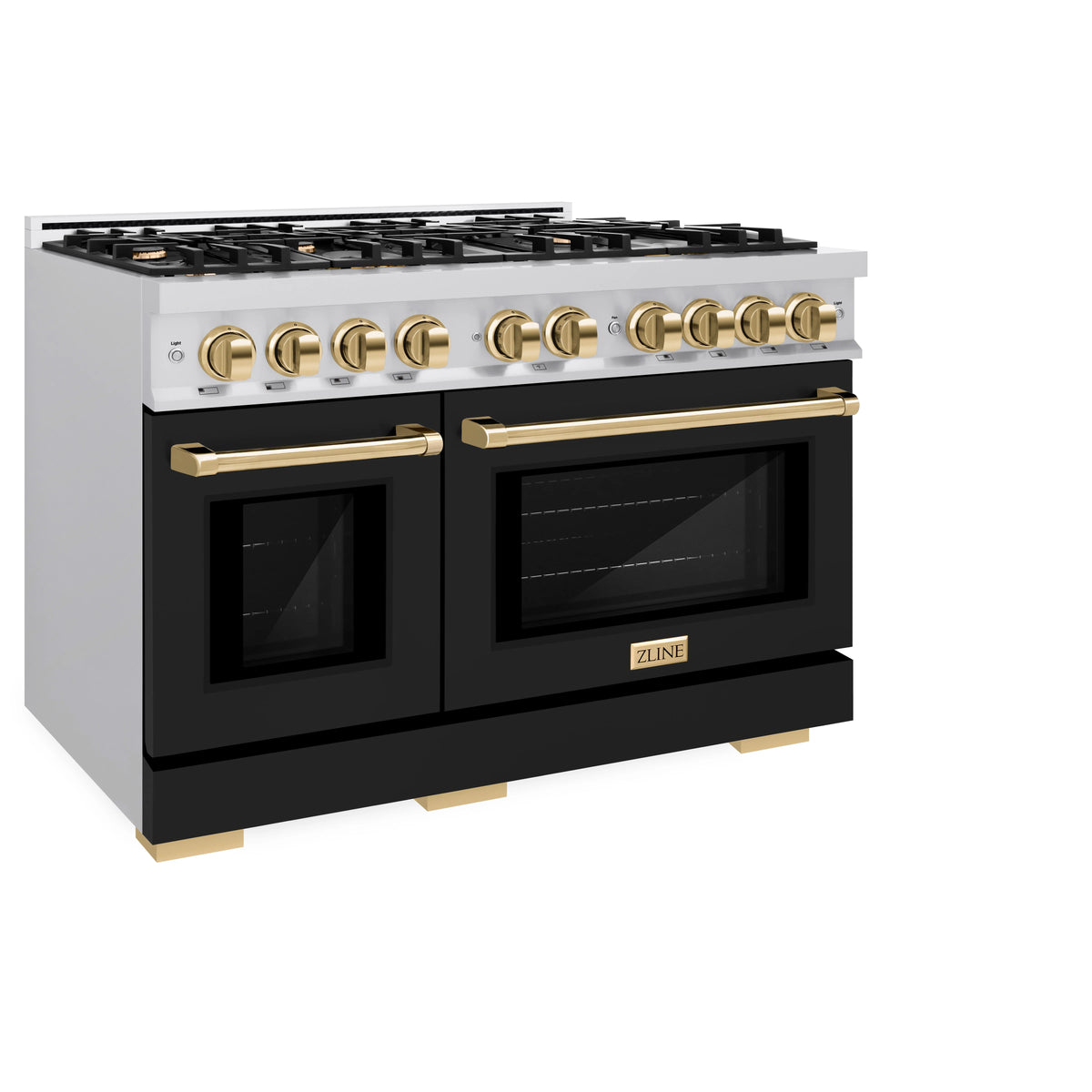 ZLINE - Autograph Edition 48 in. 6.7 cu. ft. Select Double Oven Dual Fuel Range with 8 Burner Gas Cooktop in Stainless Steel with Black Matte Doors and Polished Gold Accents